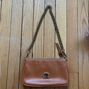 Dooney & Bourke Tan/Brown Saffiano Leather Mini Shoulder Bag with Gold Chain